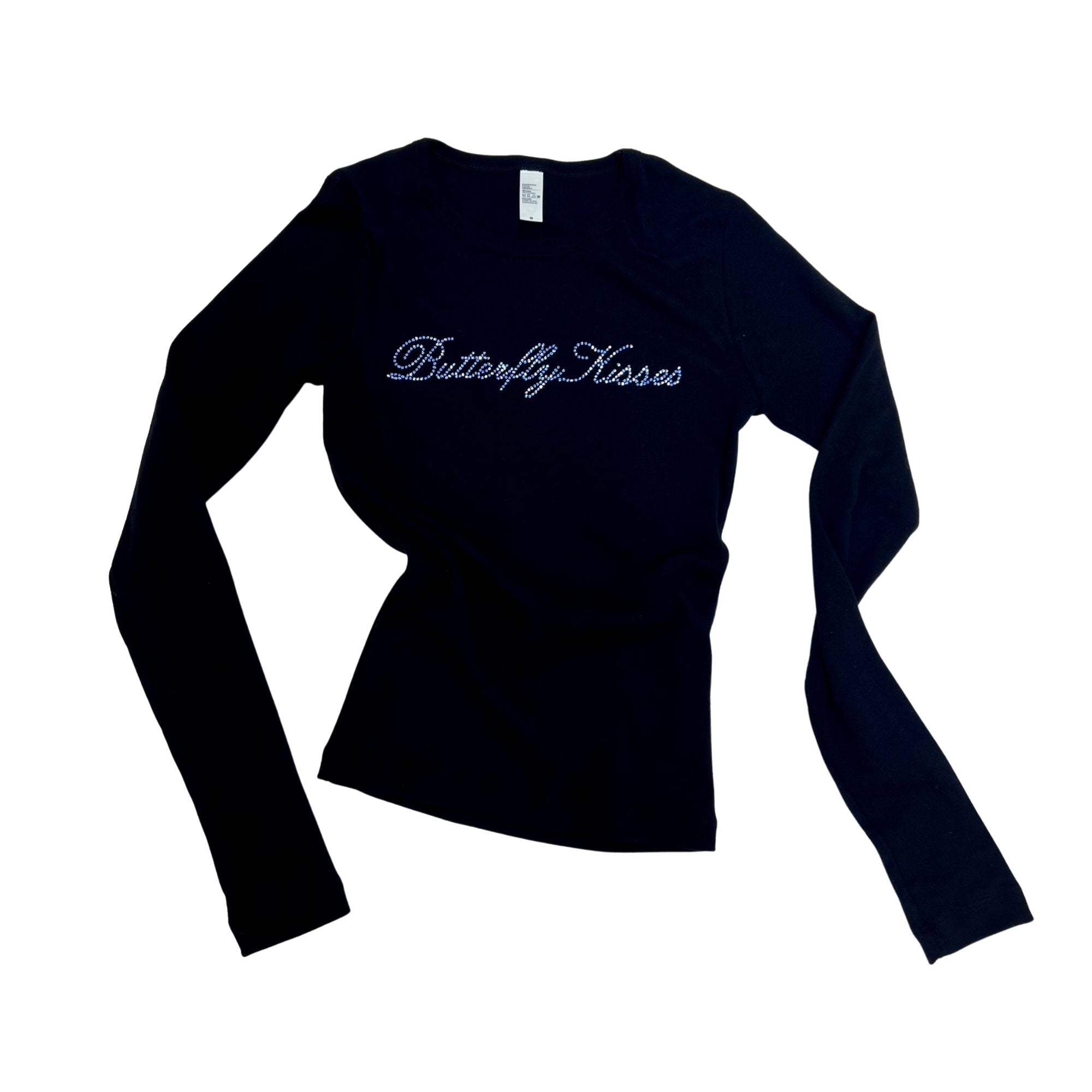 Long Sleeve Baby Tee — Black & Periwinkle Rhinestone