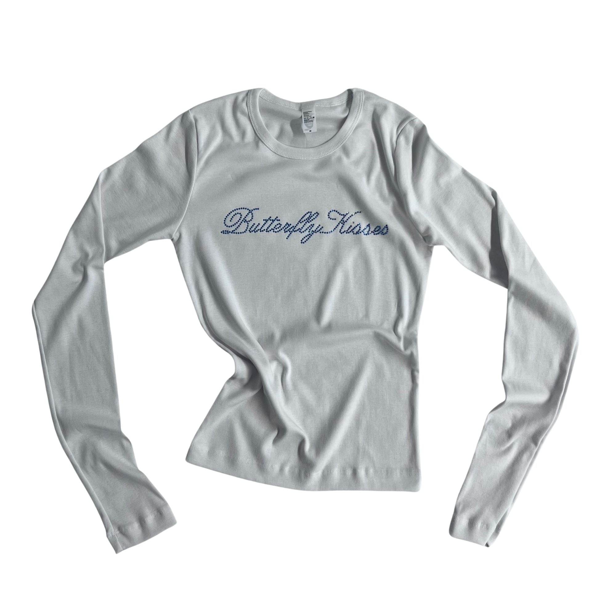 Long Sleeve Baby Tee — White & Periwinkle Rhinestone