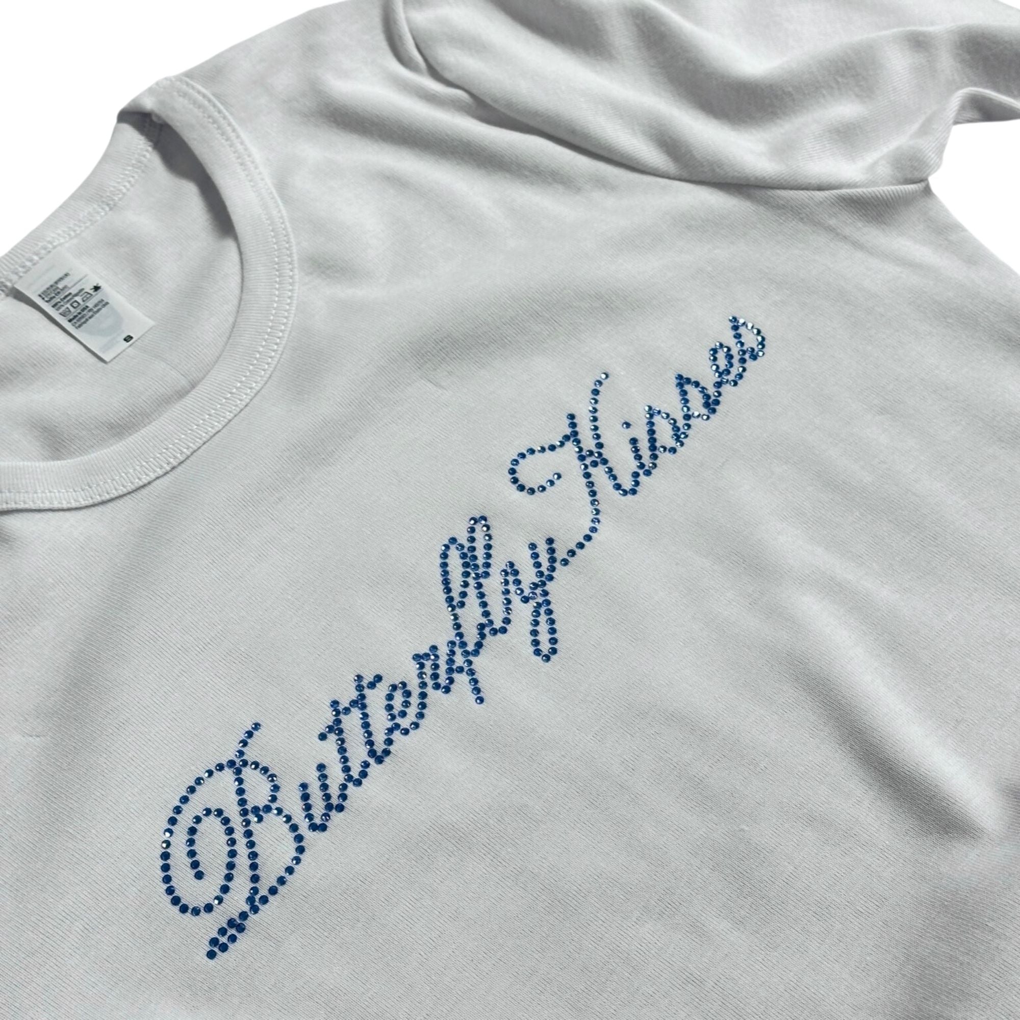 Long Sleeve Baby Tee — White & Periwinkle Rhinestone