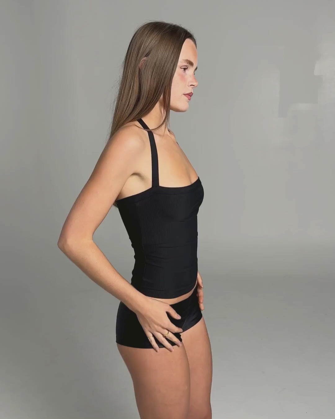 Halter Singlet Top - Black Rib